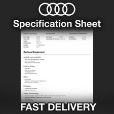 Scheda tecnica completa Audi / scheda di costruzione / elenco specifiche di fabbrica da Reg o VIN