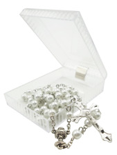 Collanina Rosario PRIMA COMUNIONE con perle bianche 6mm, calice JHS e croce