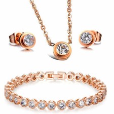 SET GIOIELLI FLORAY ACCIAIO INOX ORO ROSA COLLANA ZIRCONI ORECCHINI TENNISTA BRACCIALE