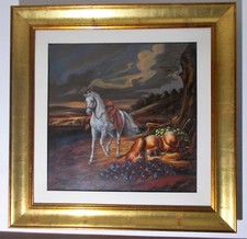 olio su tela di Pierluigi Cesarini 'Frutta nel paesaggio con cavallo" 50 x 50