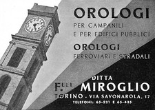 PUBBLICITA' 1936 OROLOGIO MIROGLIO TORINO CAMPANILE  FERROVIE EDIFICI PUBBLICI