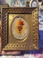 Antico  Cuore Di Gesù Santino Reliquia Ricamato Incorniciato Con Vetro 11 *9.5cm