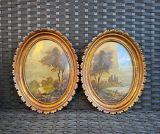 COPPIA DIPINTI AD OLIO - PAESAGGIO - CORNICE DORATA OVALE