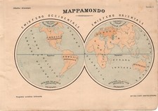 Carta geografica antica PICCOLO MAPPAMONDO scuola elementare 1907 Antique map