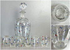 SET BOTTIGLIA ROSOLIO 6 BICCHIERI VETRO Murano MOLATO DECORO PASTA DI VETRO '30