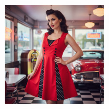 Abito Pinup Bambina XL Rosso Nero Bianco Pois Rockabilly Retrò Swing Elasticizzato