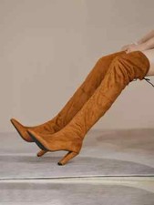 stivali ginocchio marrone beige 10 cm donna pelle sintetica camoscio CZ615