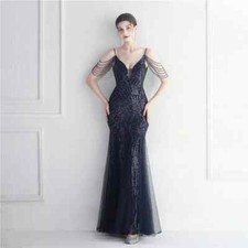 Vestito Abito Elegante Lungo Blu Strass Sirena Evento Spacco Strascico 02367