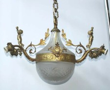 Lampadario antico bronzo cristallo ciotola vetro putti cherubino angeli lampada