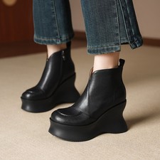 Stivaletti donna vera pelle plateau tacco alto zeppa zip laterale moda donna