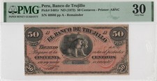 50 Centavos 1872 " El banco del trujillo " Perù. Pick# S401r PMG 30