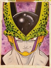 Cell - Dragon Ball, dipinto, 43 x 48 cm, acrilico su carta da parati reciclat
