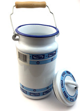 Contenitore in Ferro con Coperchio Smaltato Bianco e Blu Manico in Legno