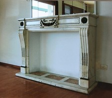 ANTICO CAMINO IMPERO epoca 1800 MARMO BIANCO di CARRARA BRONZO CONSOLLE CORNICE