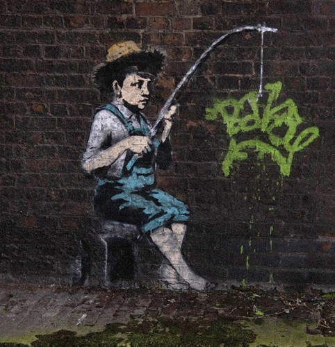 Banksy fishing boy graffiti - banksy,