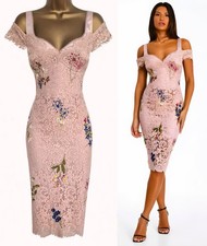 KAREN MILLEN ❤ SPLENDIDO ABITO A TUBINO BARDOT RICAMATO IN PIZZO ROSA BLUSH ❤ UK 12