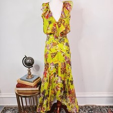 Abito midi Saloni Rita seta georgette floreale volant taglia 2 verde lime colorato