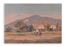 Angiolo Volpe (1943) Olio su cartone Dipinto "Ritorno dai Campi" Firmato Arte