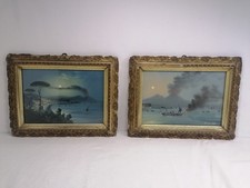 Coppia dipinti (guazzo) Golfo di Napoli Vesuvio - Eruzione Italia XIX secolo
