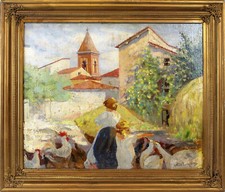 dipinto Piazza con figure e animali, olio su tela, cm 52x63,ULVI LIEGI