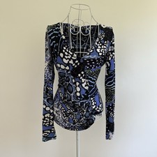 Blusa vintage Roberto Cavalli blu taglia grande scollo a V manica lunga animale aderente