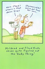 Biglietto divertente NEW BABY, cicogna Mildred & Floyd Hicks - auguri americani + busta
