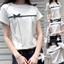 T-shirt donna estiva slim manica corta linea luminosa fiocco stile vintage top