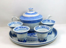Set da sake giapponese 6 pz porcellana inserti riso e decoro blue ø 15,5
