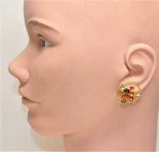 Vintage 50s Firmato Prodotto IN Austria Dorato Strass Rotondo Clip-On Orecchini