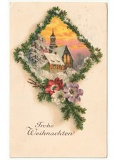 1925 paesaggio cornice rami di abete e fiori antica cartolina Natale Weihnachten