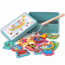 LHKJ Magnetico Gioco di Pesca,Gioco di Pesca in Legno per bambini,15 Pesci D