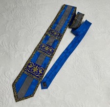 Cravatta vintage Bruno Piattelli blu giallo nero motivo elaborato, 100% pura seta