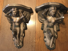 Coppia Applique Mensola Parete Vintage Gesso Corbel Archeogoly Figura Turbante 12" Esco