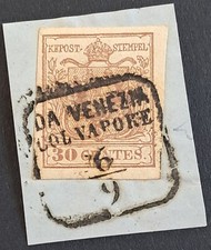[FASILMBVEN0047]LOMB.VENETO 1854[ S.9] 30c Bruno Liliaceo Tipo II USATOΔ VENEZIA