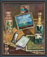 ARTE NAIF - NATURA MORTA CON BOTTIGLIA QUADRO VASO  ENRICO COPETTA COEN BRESCIA