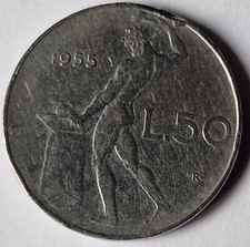 ITALIA REPUBBLICA MONETA 50 LIRE DEL 1955 VULCANO errore di conio a ore 12 SPL