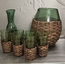 Set Di Bicchieri Vintage Vetro E Rattan Anni 60