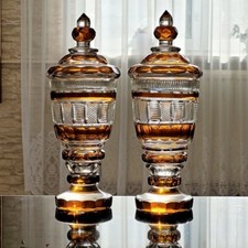 Raro! Coppia di grandi coppe con coperchio in cristallo, scuola specializzata Haida, Steinschönau, 1910-20