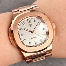 Orologio Uomo Oro Rosa NH35A Tandorio 100M Subacqueo Automatico Cassa Quadrata Bianco Nero