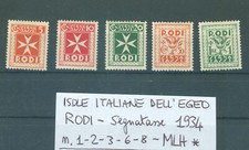 RODI Isole italiane dell'Egeo 1934 Segnatasse Unif. n. 1, 2, 3, 6, 8 Nuovi MLH *