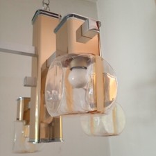 Lampadario da soffitto italiano anni 70 cubico ottone e vetro di Murano Sciolari