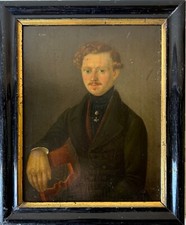 Quadro A Ritratto Uomo Biedermeier 19. Secolo 1843 Rittmeister Anonimo Antico