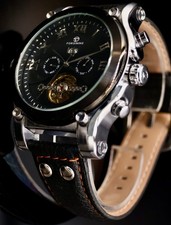 Elegante Orologio Uomo Automatico Orologio Uomo con Cinturino Pelle Nero Argento NUOVO