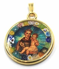 CIONDOLO MEDAGLIA, VETRO MURANO, LAVORAZIONE FOGLIA ORO, SANT'ANTONIO DA PADOVA