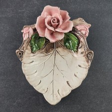 Capodimonte grande fiore rosa con foglia porta caramelle vintage made in Italy lungo 9"
