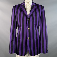 ROWING BLAZERS Misura 46 Lungo Nero Viola Righe Cotone Lana Sport Cappotto