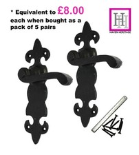 MANIGLIA PORTA GHISA NERA DECORATA ANTICA CHIUSURA A LEVA FLEUR-DE-LYS + FISSAGGI