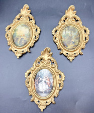 Set of 3 Vintage Rococo Padded Silk Paintings Ornate Gold Frames 7"