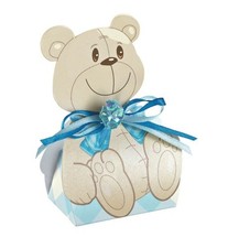 Scatolina carta portaconfetti forma di Orsetto CELESTE a quadri NASTRO E 0L85