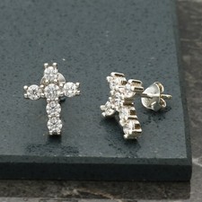 Orecchini Zirconi Cubici Argento Sterling 925 Pieno Zirconi Croce Borchie Forati Regalo